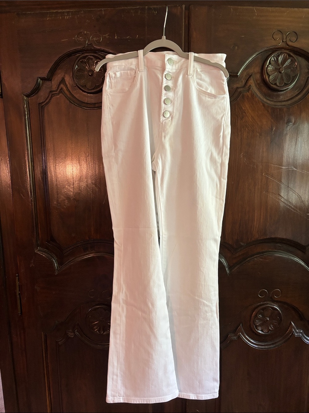 J Brand White High-Rise Flare Jeans with Button Fly